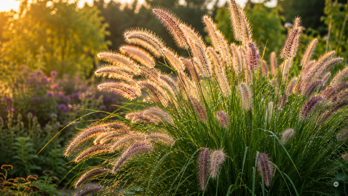 Lampenputzergras (Pennisetum alopecuroides) mit flauschigen Blütenähren im Abendlicht im Staudenbeet