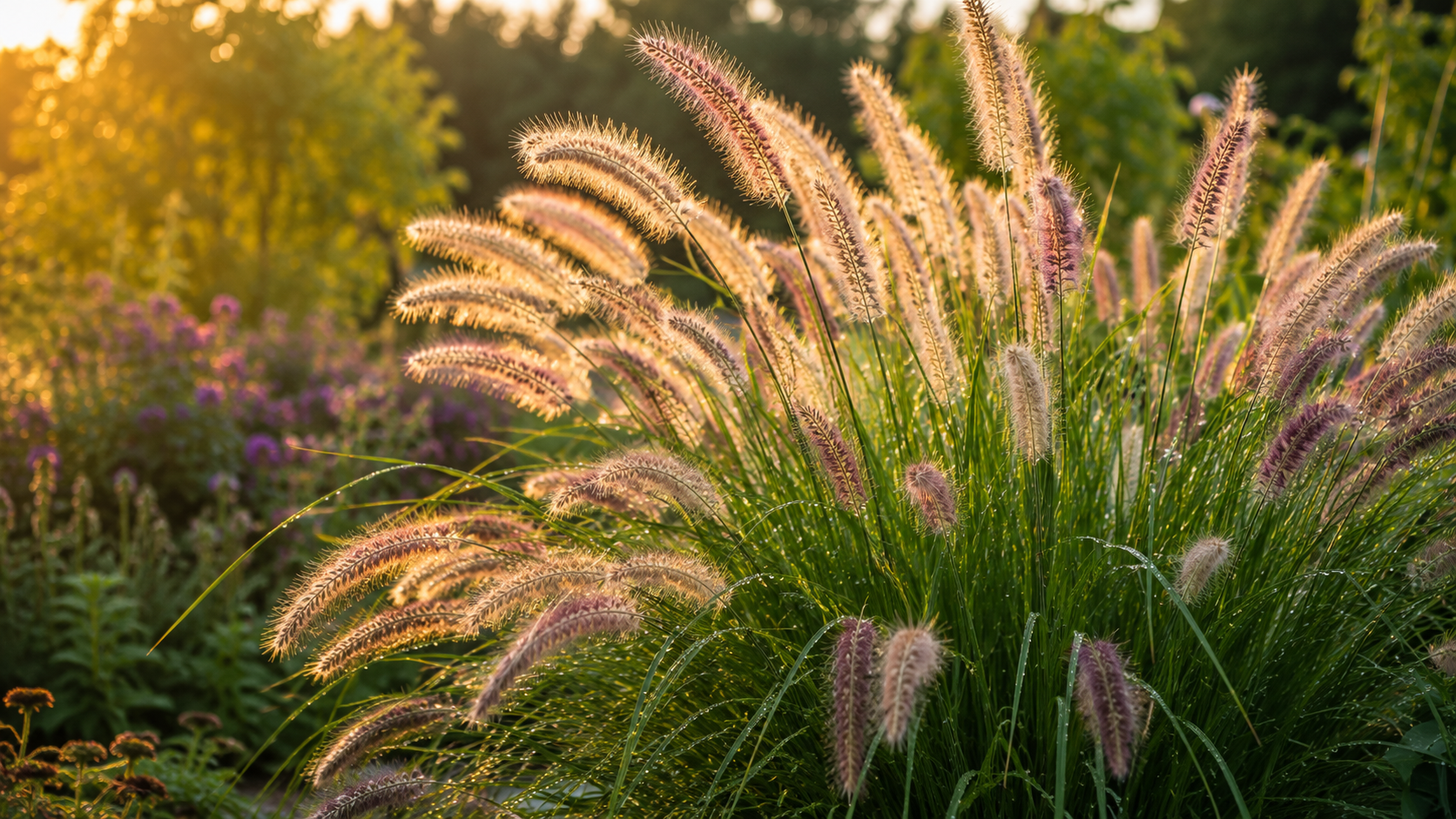 Lampenputzergras (Pennisetum alopecuroides) mit flauschigen Blütenähren im Abendlicht im Staudenbeet