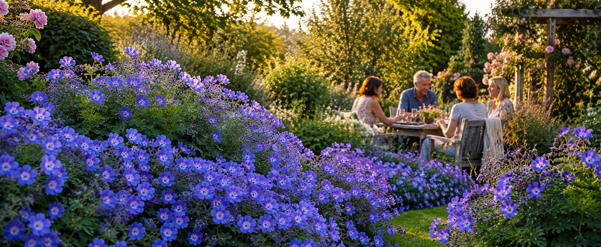 Geranium 'Rozanne' im Gartenbeet – blauviolette Blüten im Abendlicht