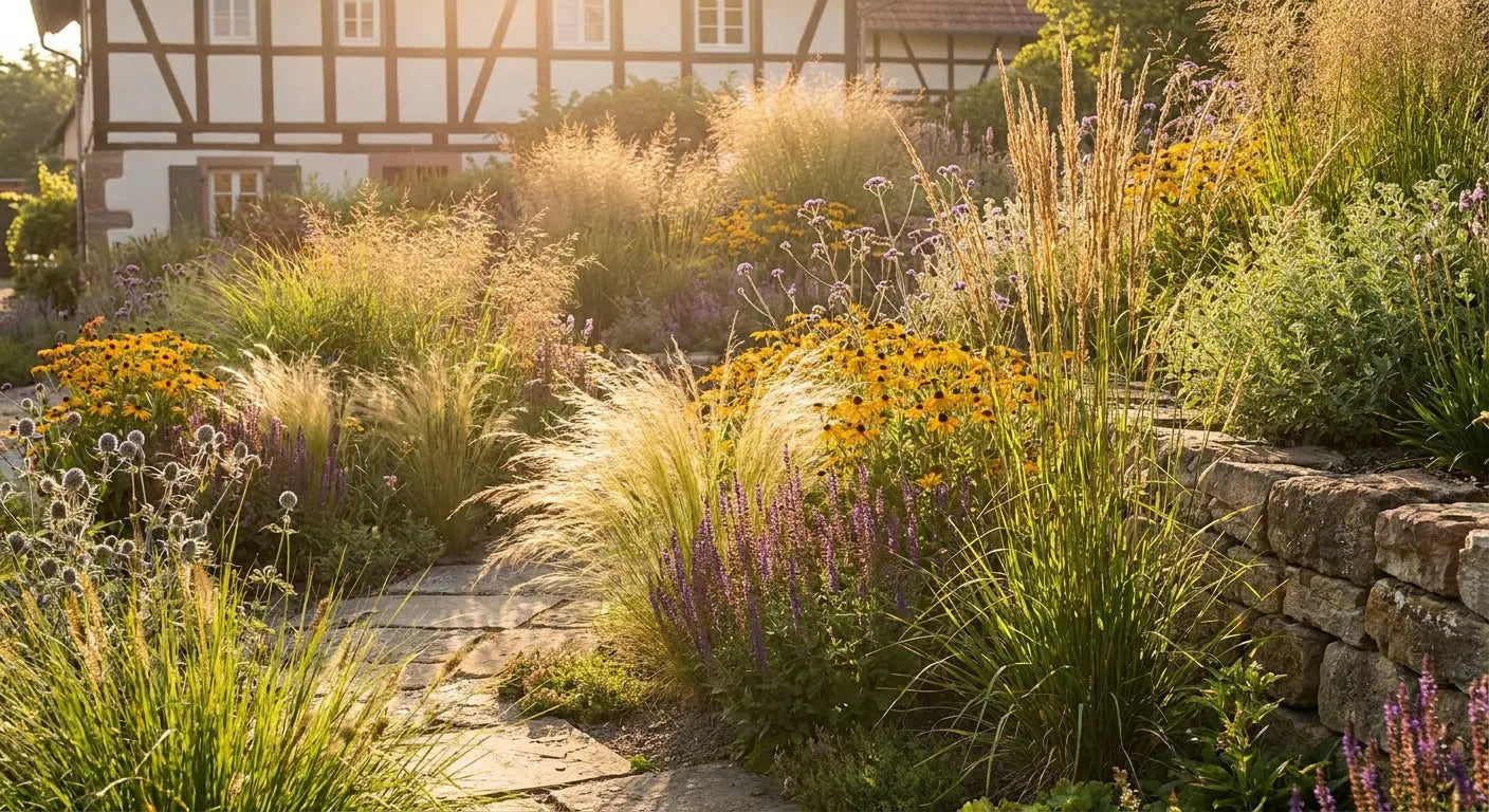 Trockenresistente Stauden und Gräser in sonnigem Beet – klimafester Garten im Abendlicht