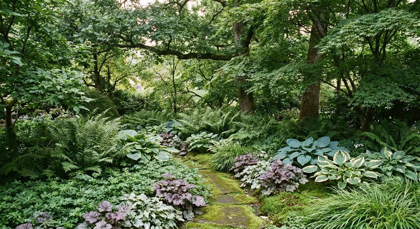 Schattengarten mit Funkien, Farnen und Bodendeckern unter lichtem Blätterdach