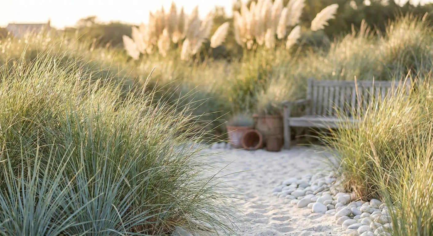 Strandfeeling im Garten: Strandhafer und Gräser auf hellem Kies in Küstenoptik