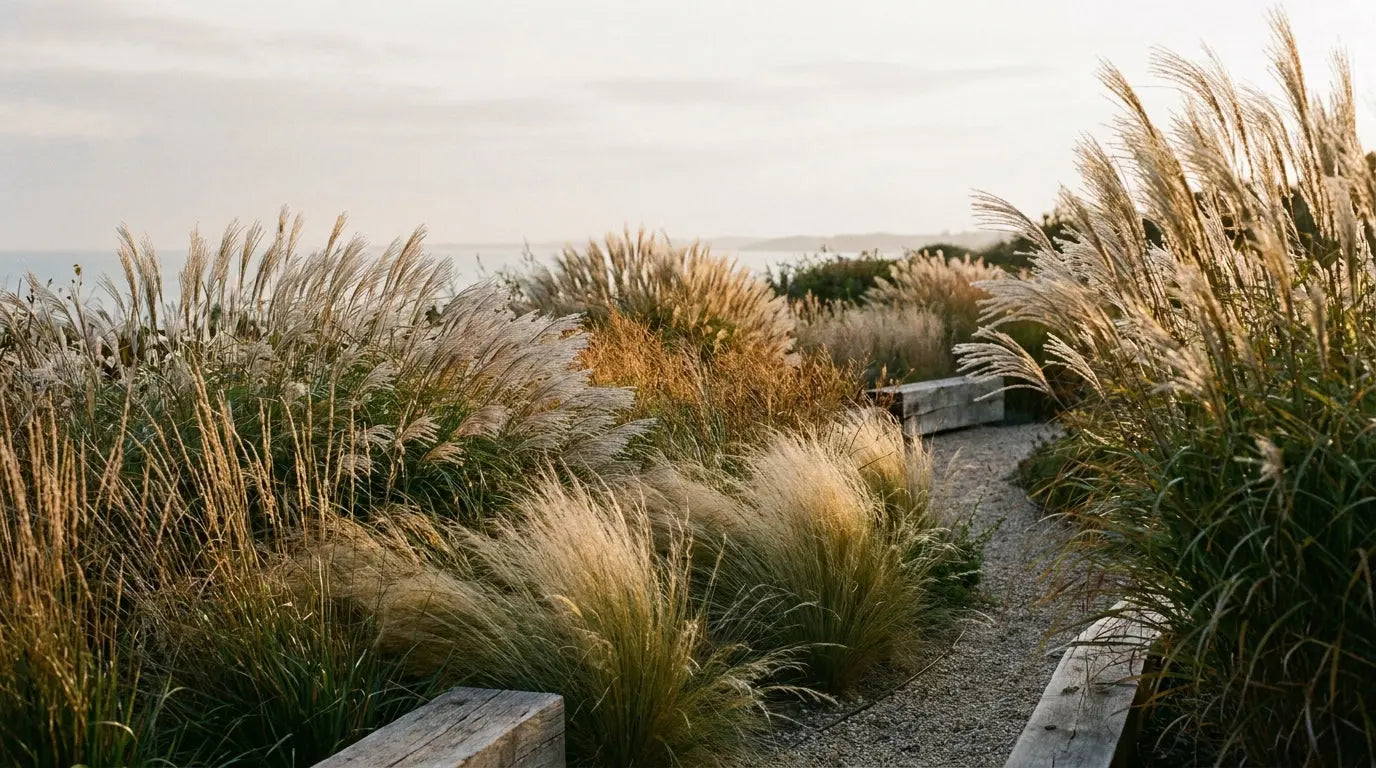 Ziergräser im Vergleich: Miscanthus und Stipa wiegen sich im goldenen Abendlicht