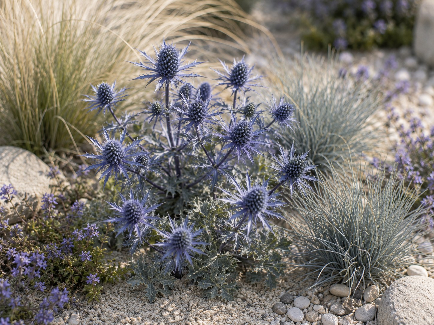 Stahlblaue Edeldistel mit Blauschwingel-Polstern auf hellem Kies