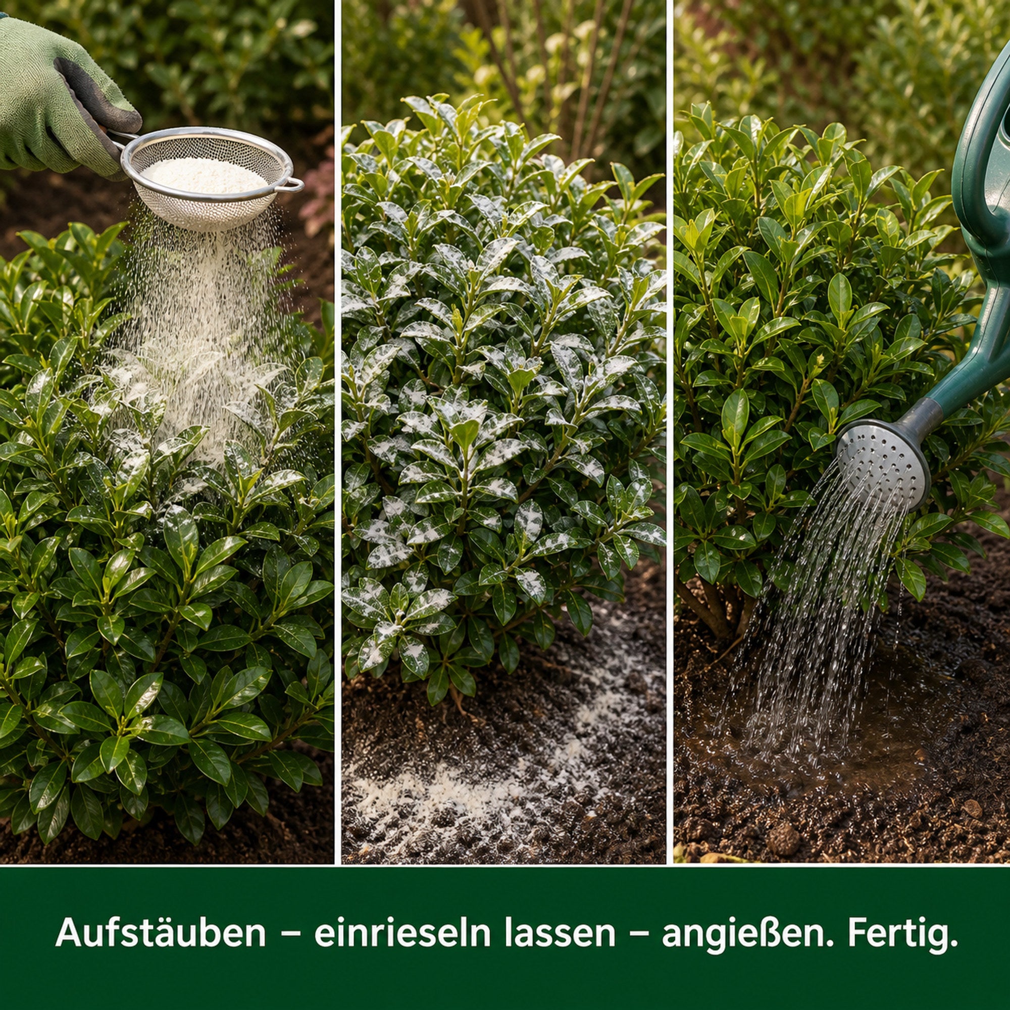 Anwendung in drei Schritten: aufstäuben, einrieseln lassen, angießen