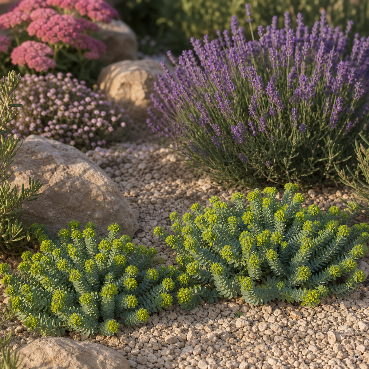 Walzen-Wolfsmilch im Kiesgarten neben Lavendel und Fetthenne