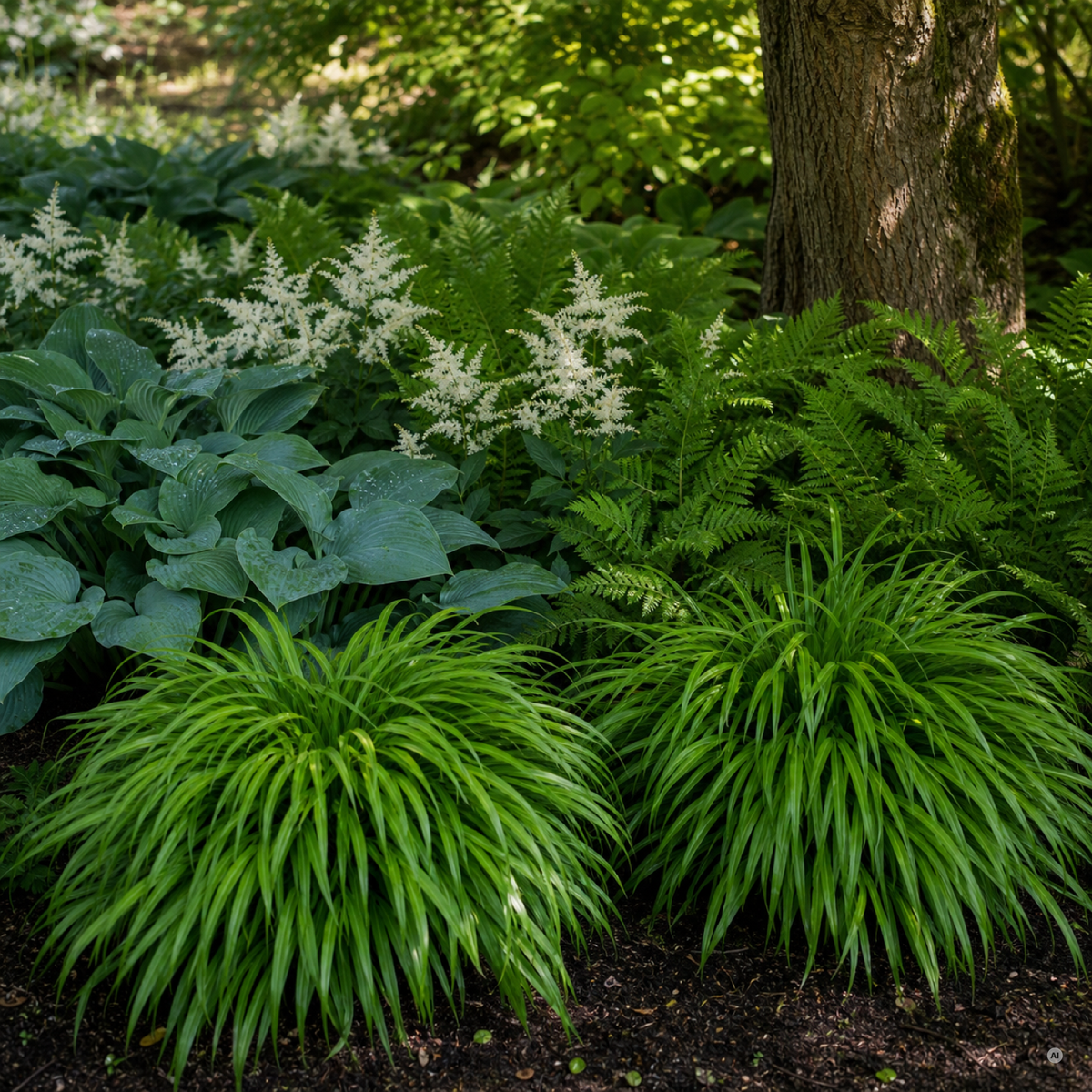 Japanisches Berggras im Schattenbeet mit Hosta, Astilbe und Farn unter einem Baum