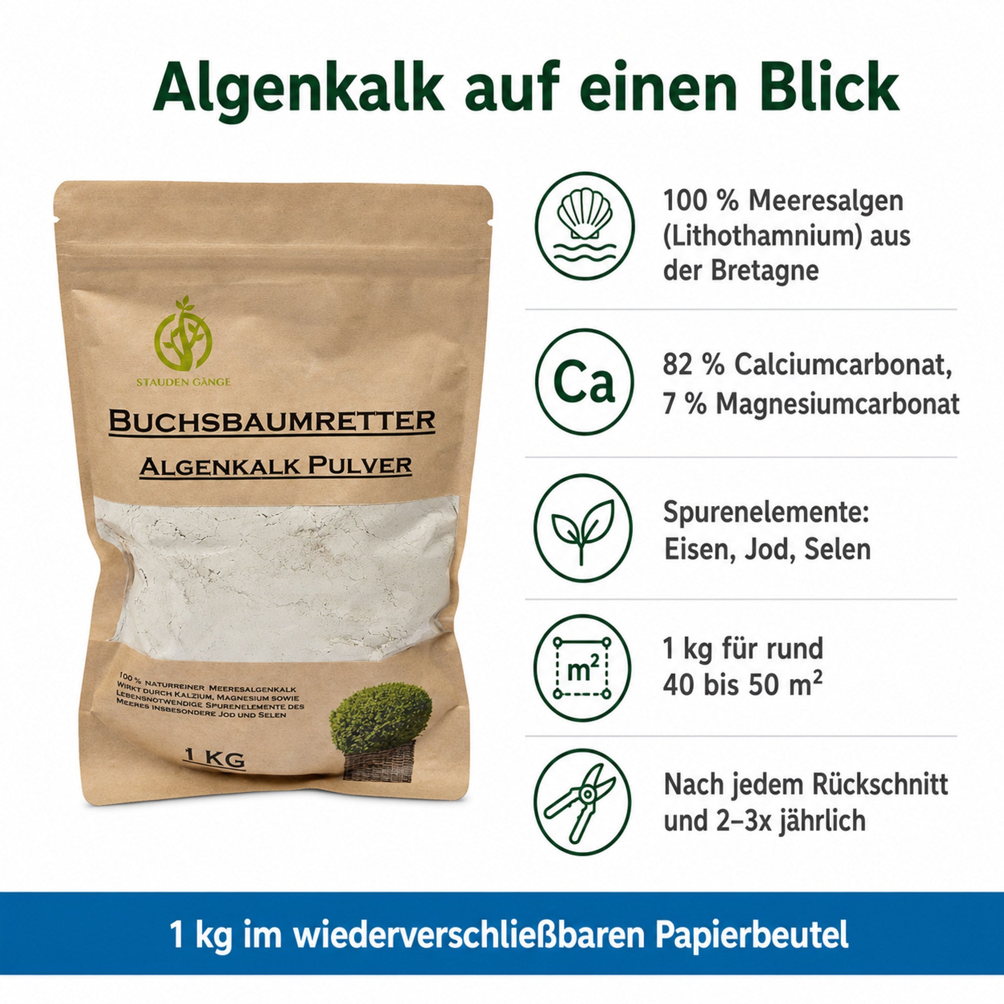 Steckbrief Algenkalk: 100 % Meeresalgen aus der Bretagne, 82 % Calcium- und 7 % Magnesiumcarbonat, Spurenelemente, 40 bis 50 m² je Kilogramm