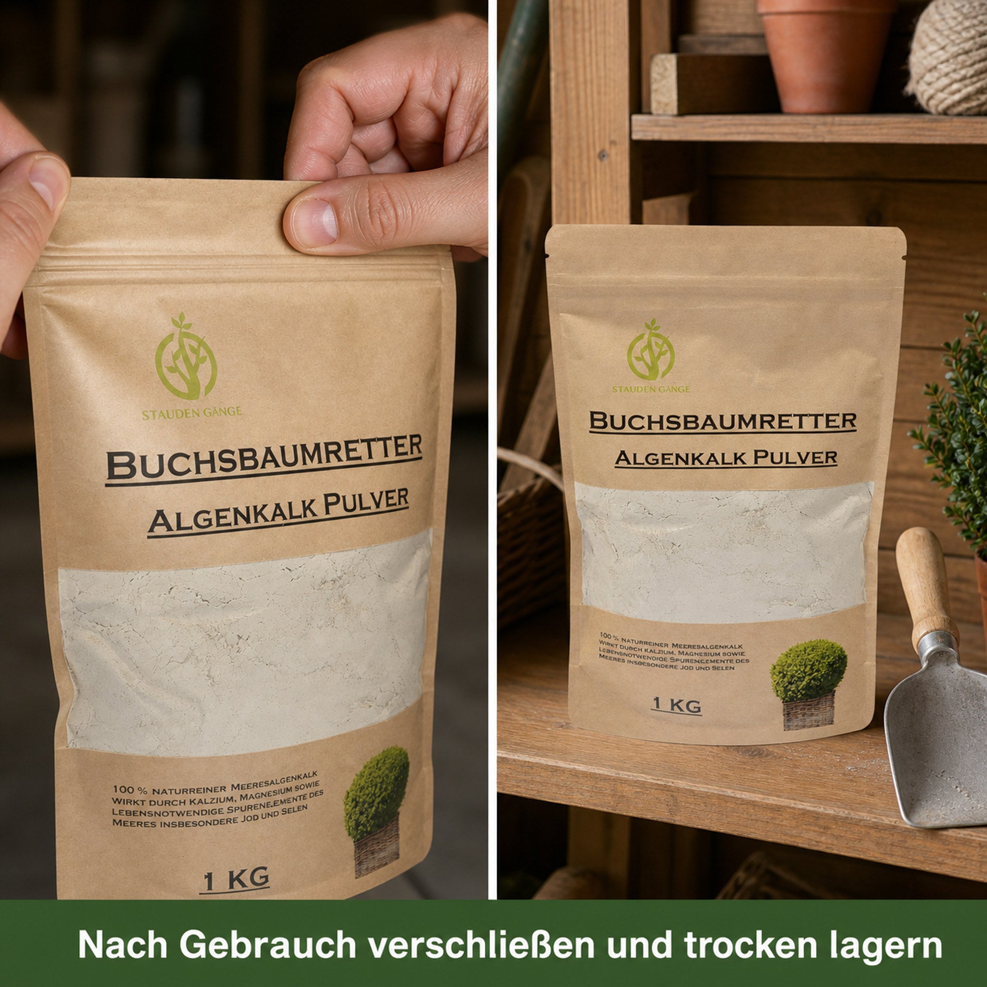 Papierbeutel nach Gebrauch verschließen und trocken lagern