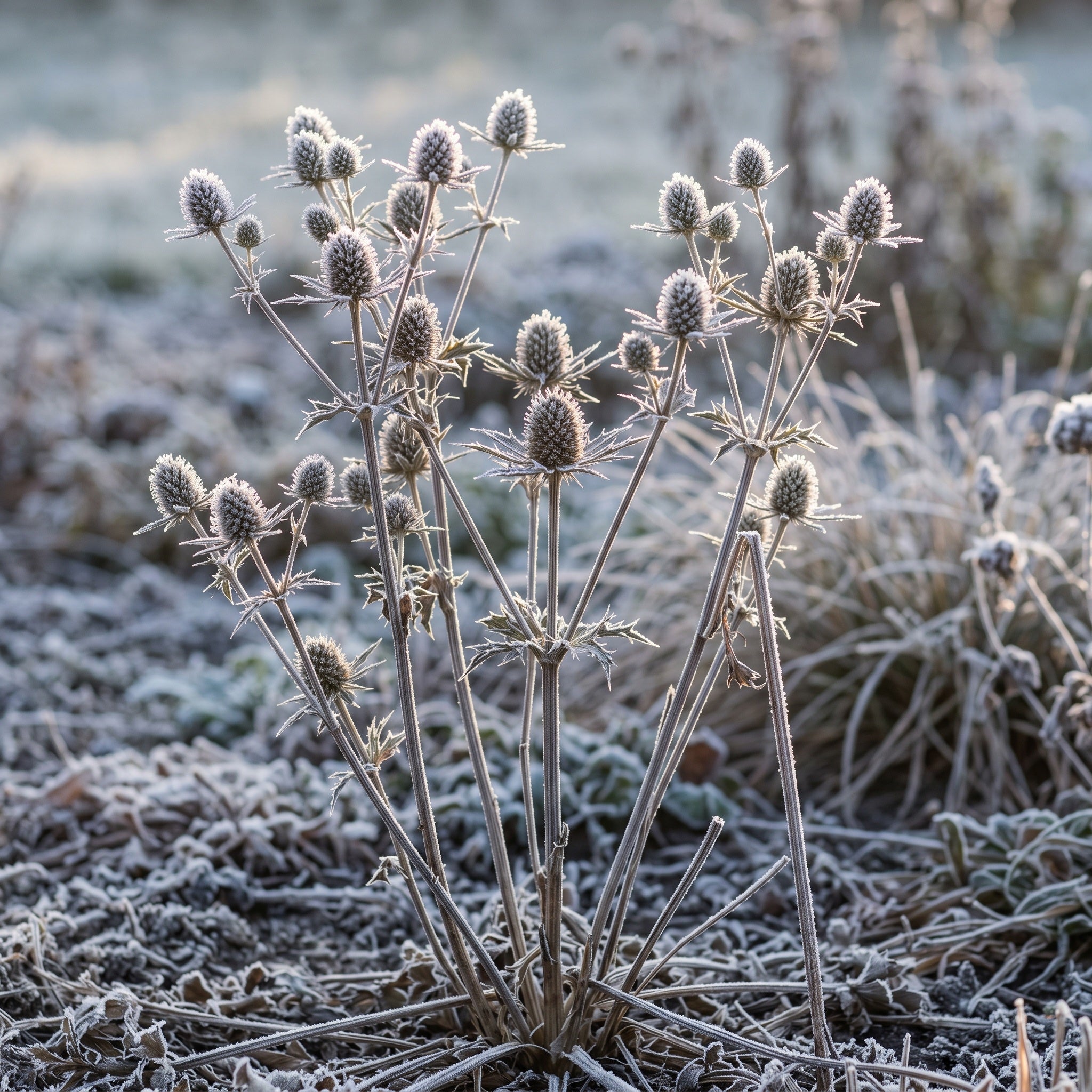 Samenstände von Eryngium planum mit Raureif überzogen an einem klaren Januarmorgen