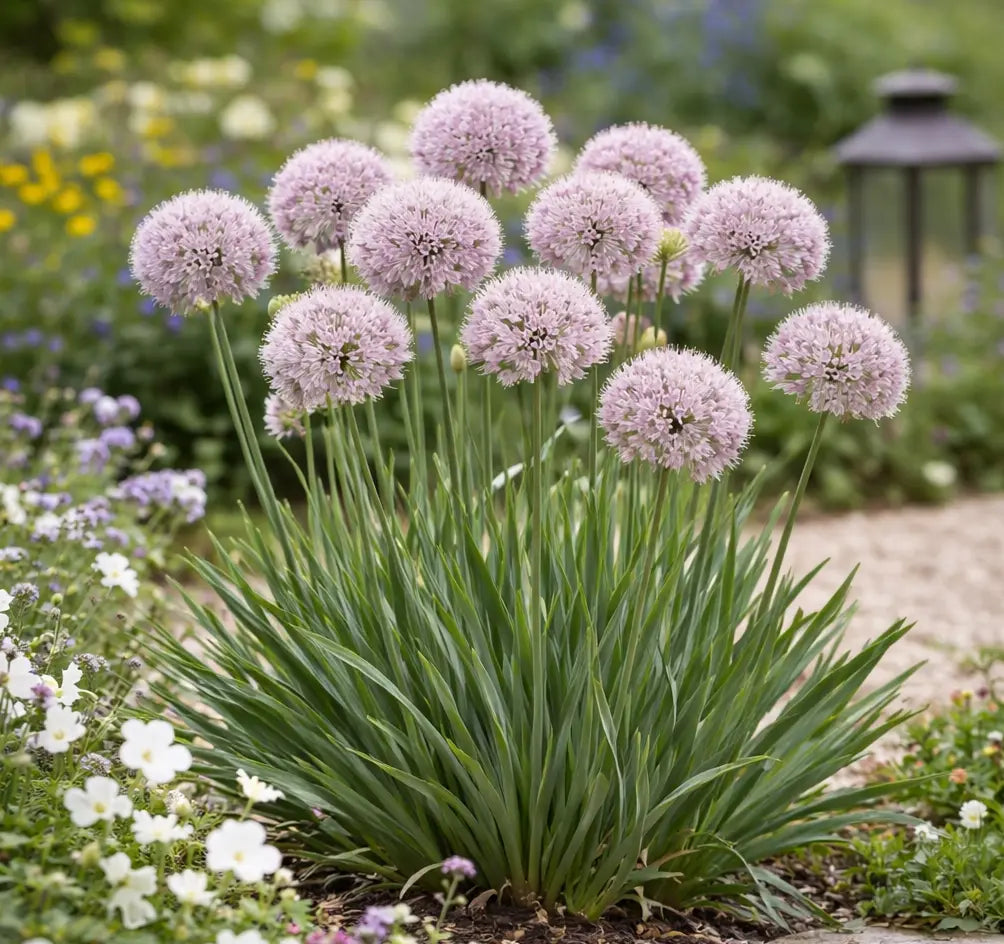 Bunte Allium ‚In Orbit‘ Zierlauch Staude mit runden Blütenständen in Lila und Weiß, im Garten, von Stauden Gänge