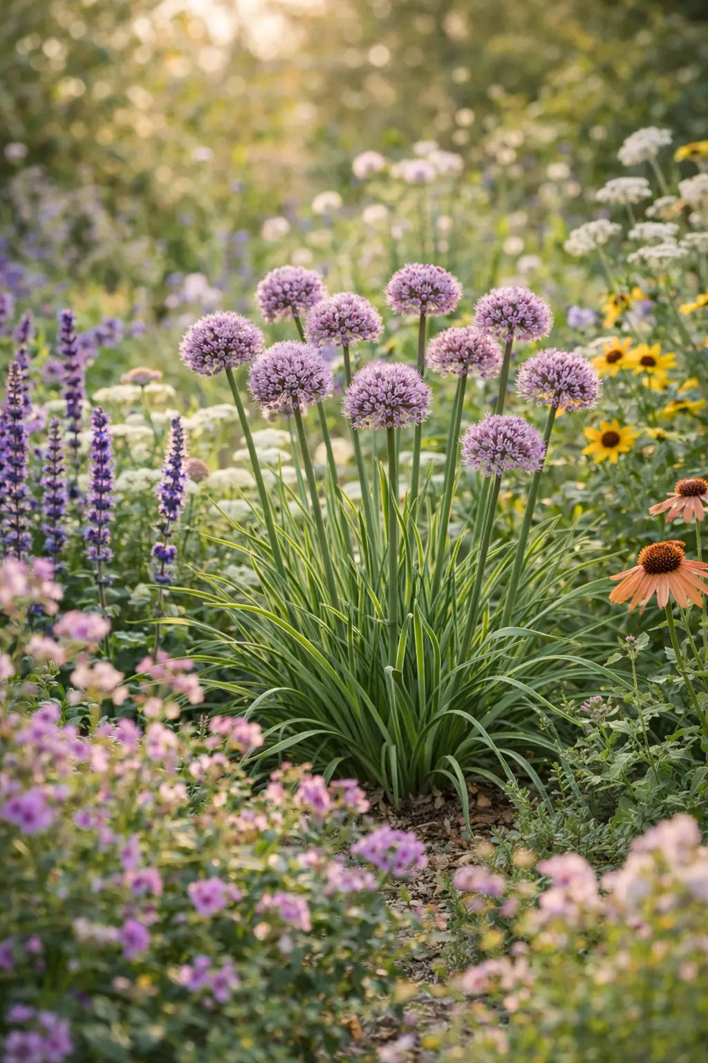 Blühende Allium ‚Kleiner Saphir‘ Staude von Stauden Gänge mit blauen Blüten in einem Garten, Nahaufnahme der Zierlauch-Pflanze