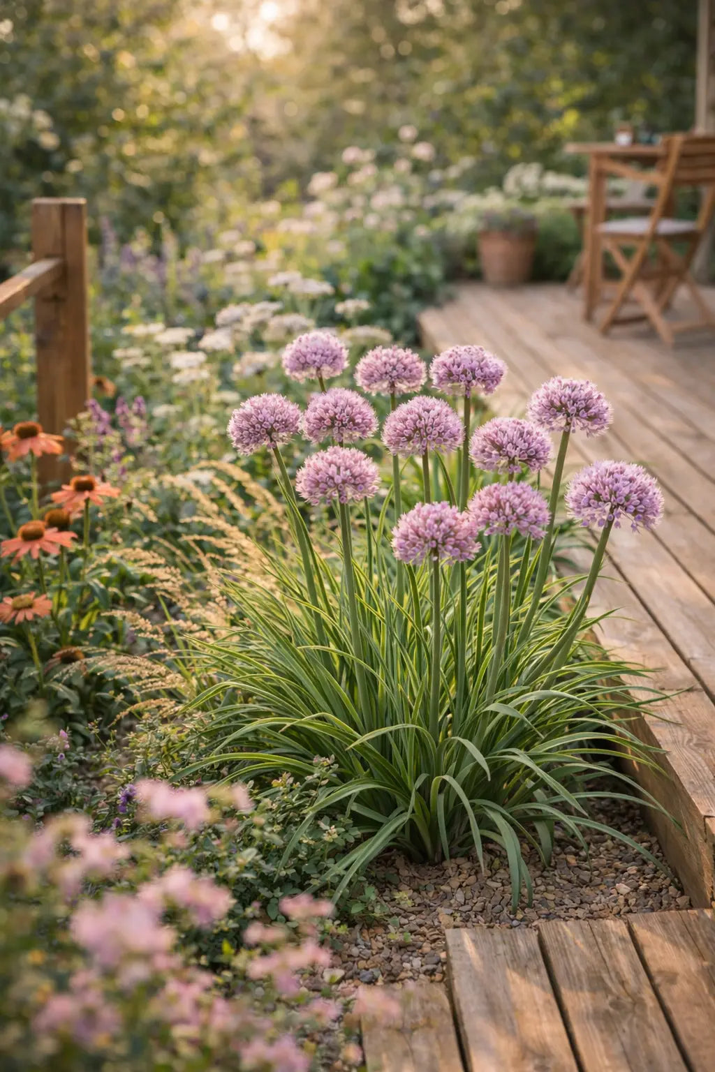 Bunte Allium ‚Kleiner Saphir‘ Zierlauch Staude mit blauen Blüten, Stauden Gänge, Nahaufnahme, frühlingshafte Gartenpflanze