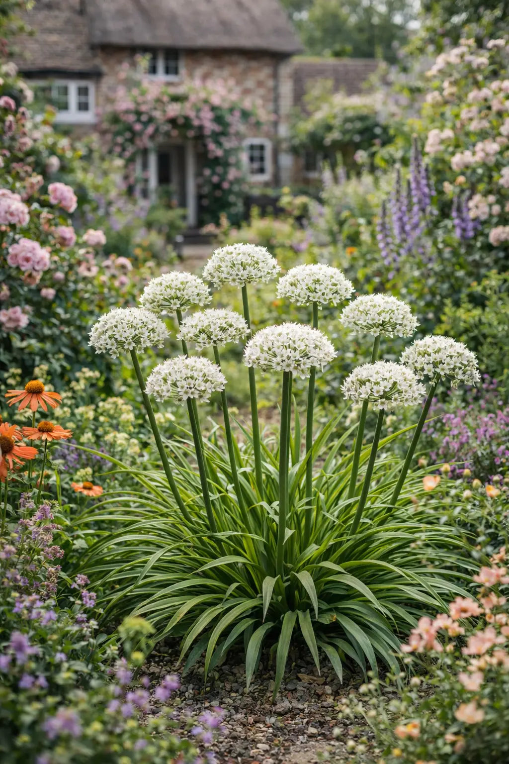 Blaue Allium 'Cliffs of Dover' Zierlauch Staude mit langen Blütenstängeln und großen blauen Blüten, Stauden Gänge.