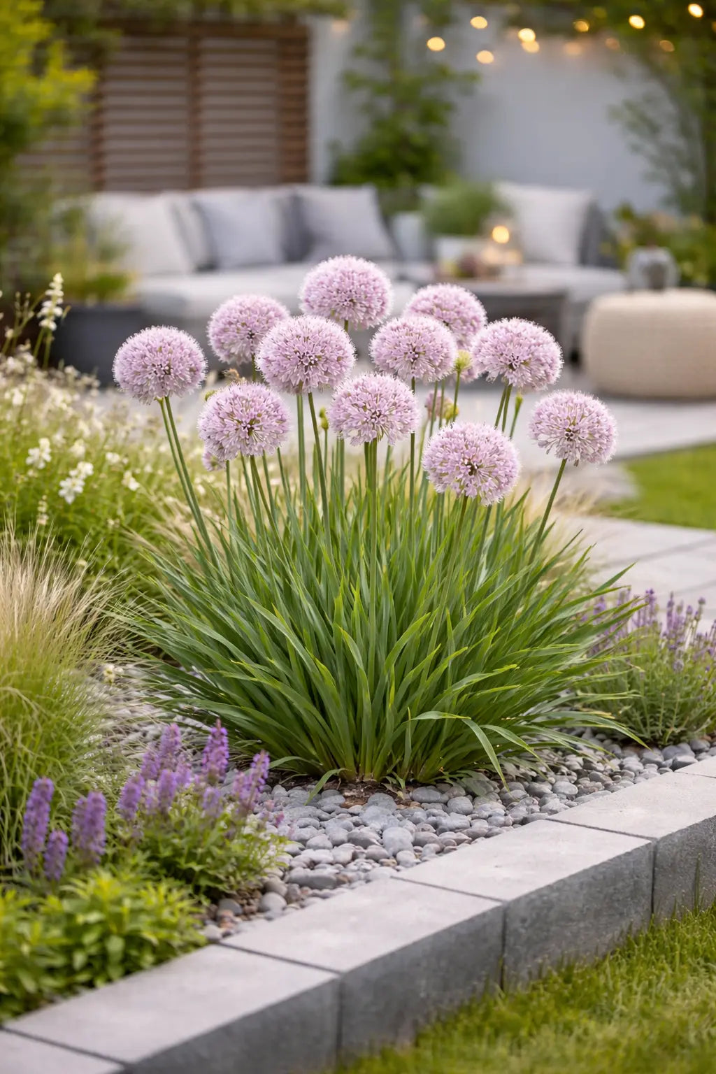 Bunte Allium ‚In Orbit‘ Zierlauch Staude mit kugeligen Blüten in bunten Farben, wächst als Zierpflanze in Garten.