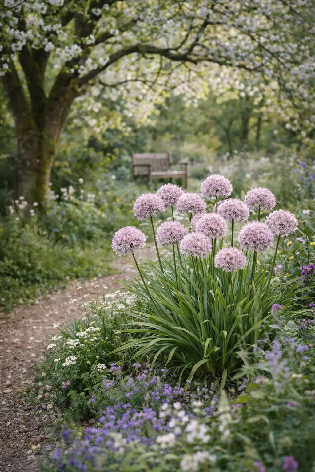Zierlauch Allium ‚In Orbit‘ als Staude mit runden, blauen Blütenständen und grünen Blättern, wächst in einem Garten.
