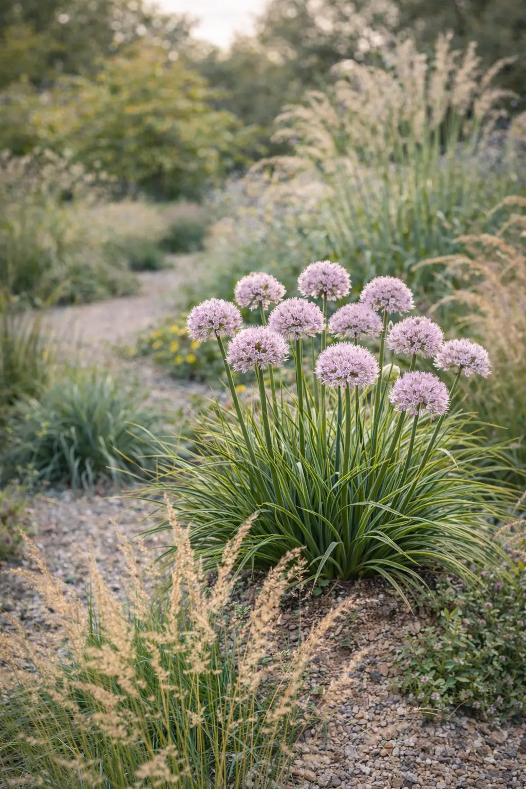 Bunte Allium ‚In Orbit‘ Zierlauch Staude mit großen Blüten in bunten Farben, Stauden Gänge, im Garten.