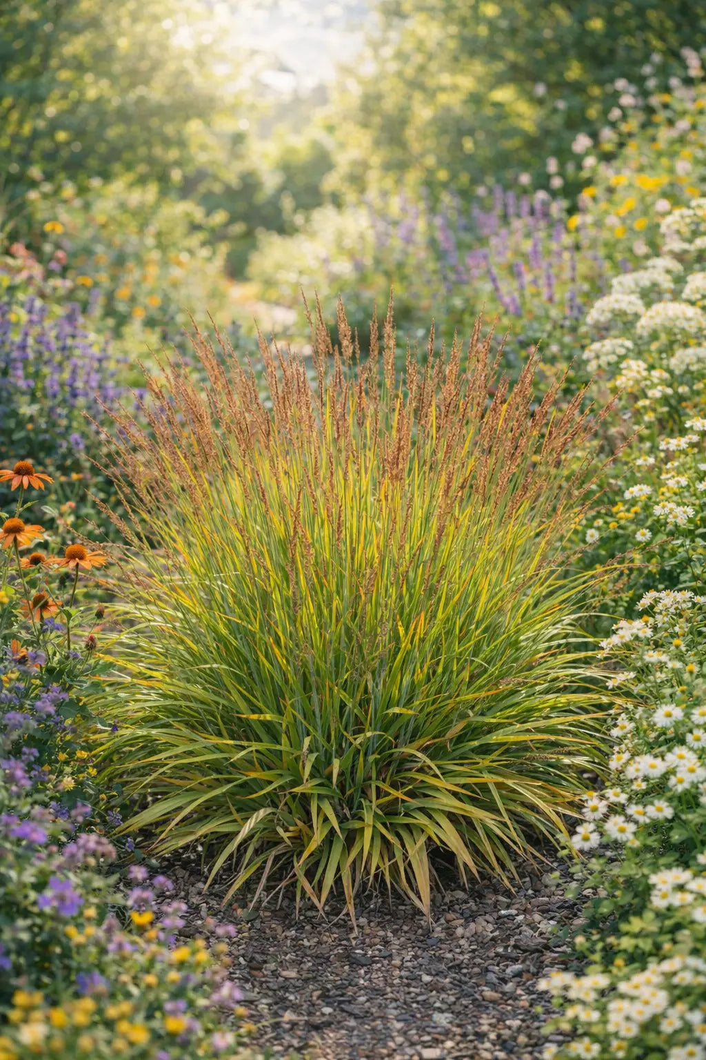Niedriges Reitgras Calamagrostis splendens ‚Cheju-Do‘, Ziergras mit silbrigen, grazilen Halmen, von Stauden Gänge.