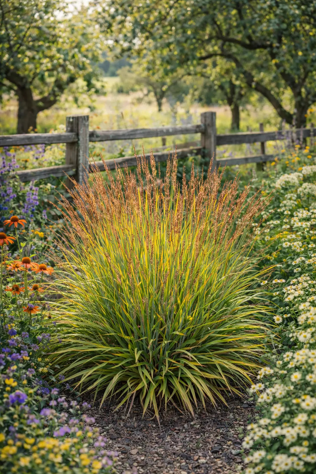 Ziergras Calamagrostis splendens ‚Cheju-Do‘ von Stauden Gänge, niedriges Reitgras mit feinen, bläulichen Halmen im Garten.