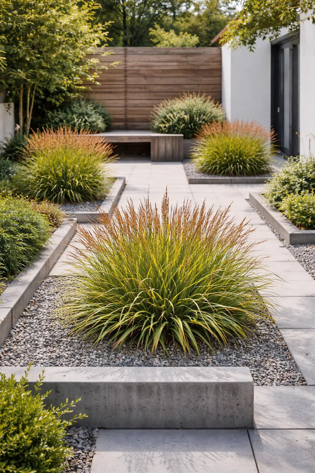 Niedriges Ziergras Calamagrostis splendens ‚Cheju-Do‘ von Stauden Gänge, grüner Halmbusch mit zarten Blütenständen.