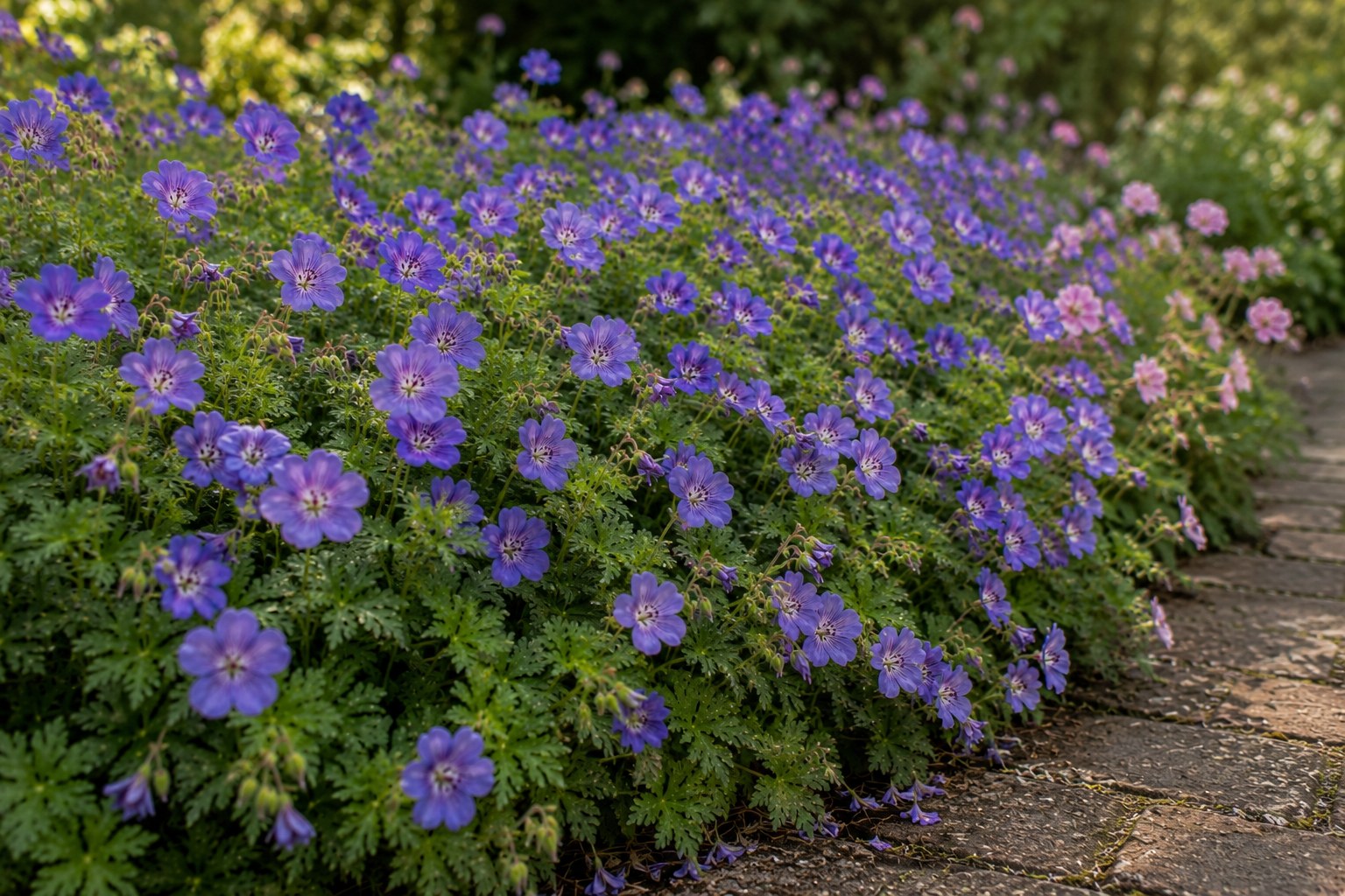 Blauvioletter Storchschnabel Geranium Rozanne als dichtes Polster an einer Beetkante