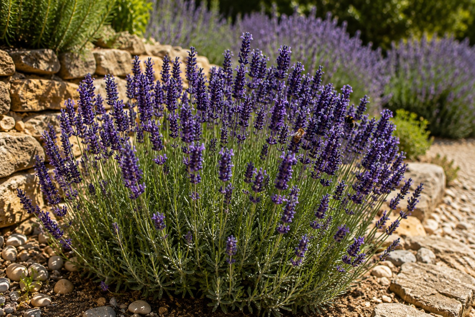 Echter Lavendel mit violetten Bluetenaehren und Bienen an einer sonnenwarmen Natursteinmauer