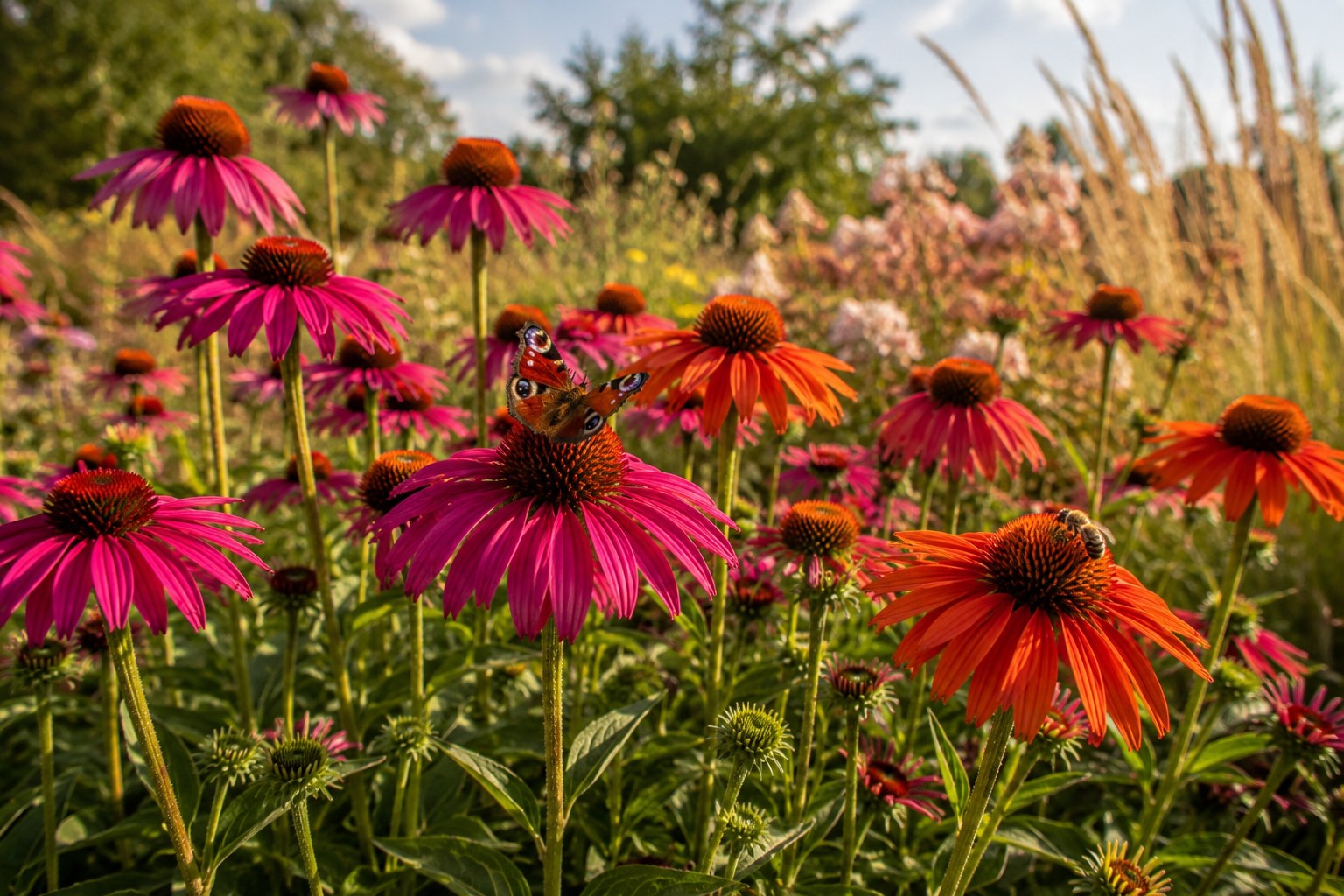 Purpurroter und orangeroter Sonnenhut Echinacea mit Tagpfauenauge im Spaetsommerbeet
