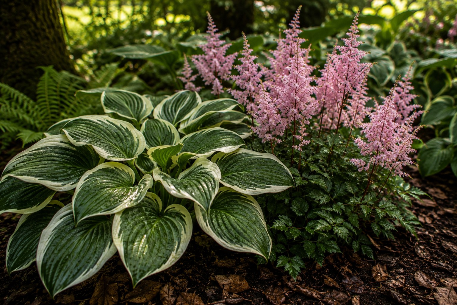 Weissbunte Funkie Hosta neben zartrosa Prachtspiere Astilbe im tiefen Schatten