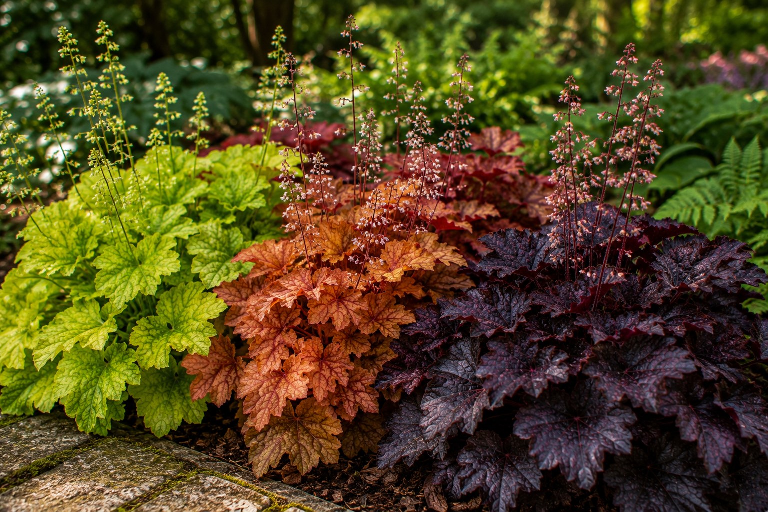 Purpurgloeckchen Heuchera in Limettengruen, Karamell und Schwarzrot an einer Beetkante