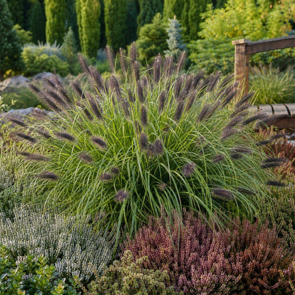 Schwarzes Lampenputzergras Pennisetum alopecuroides 'Black Beauty' als Solitaer im Heidegarten mit bluehender Heide