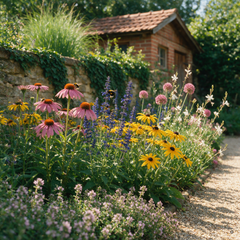 Bienenbeet-Set: Echinacea, Rudbeckia, Salvia, Gaura, Allium und Thymian in einem sonnigen Staudenbeet