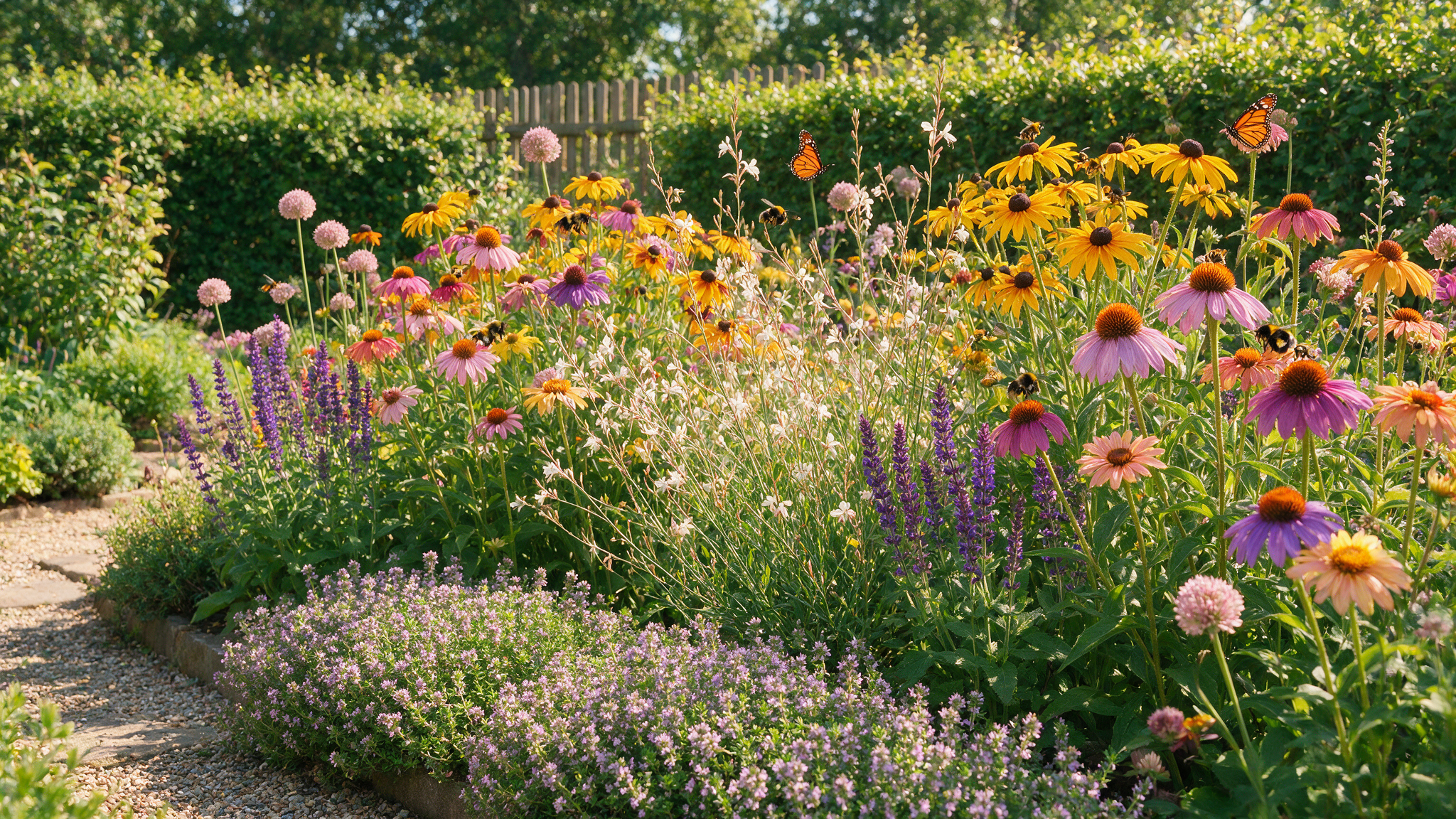 Sonniges Bienenbeet mit Sonnenhut, Salbei, Thymian und Prachtkerze