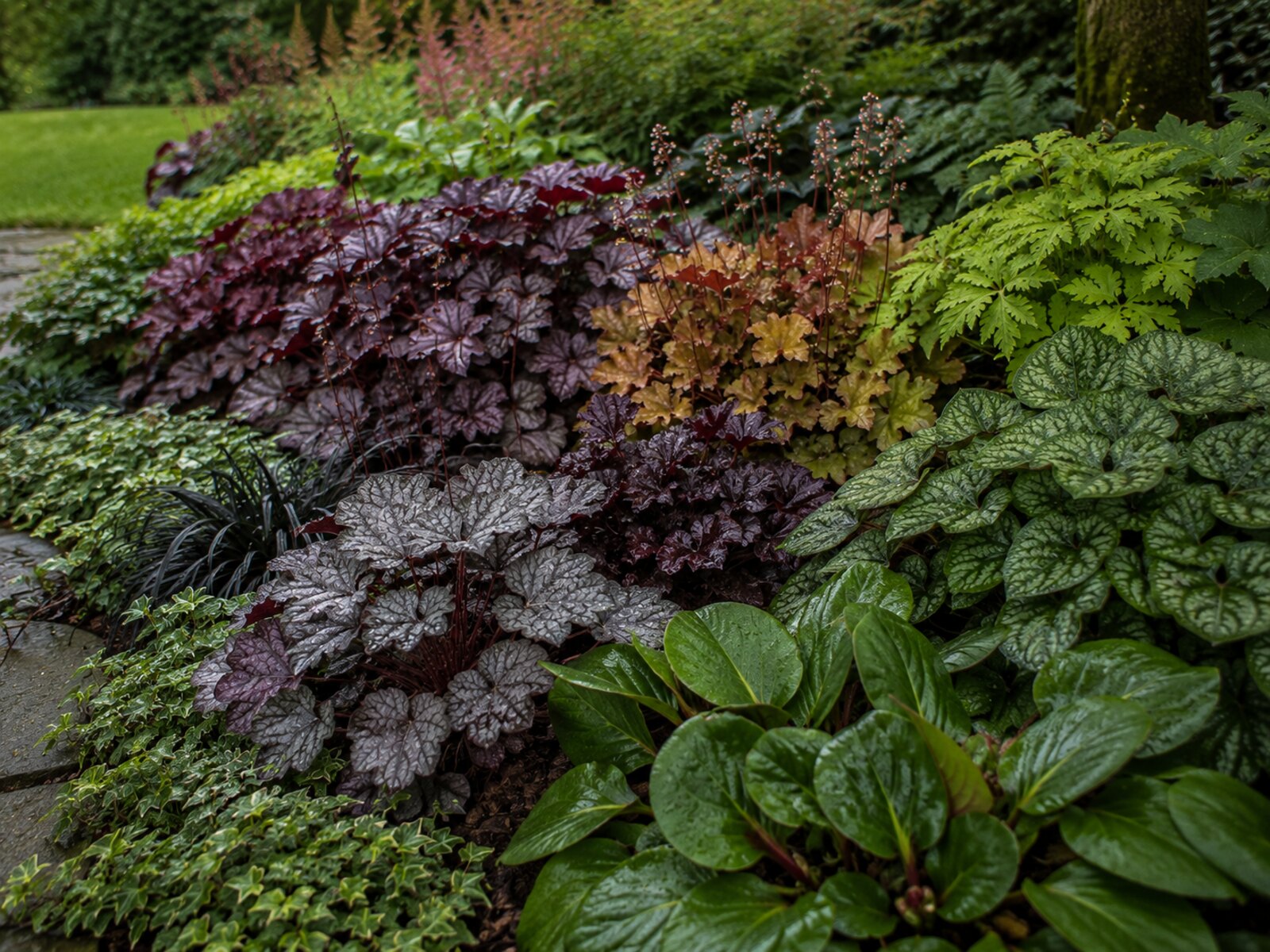 Bodendecker mit farbigem Blattschmuck: Heuchera, Bergenie und Schaumblüte