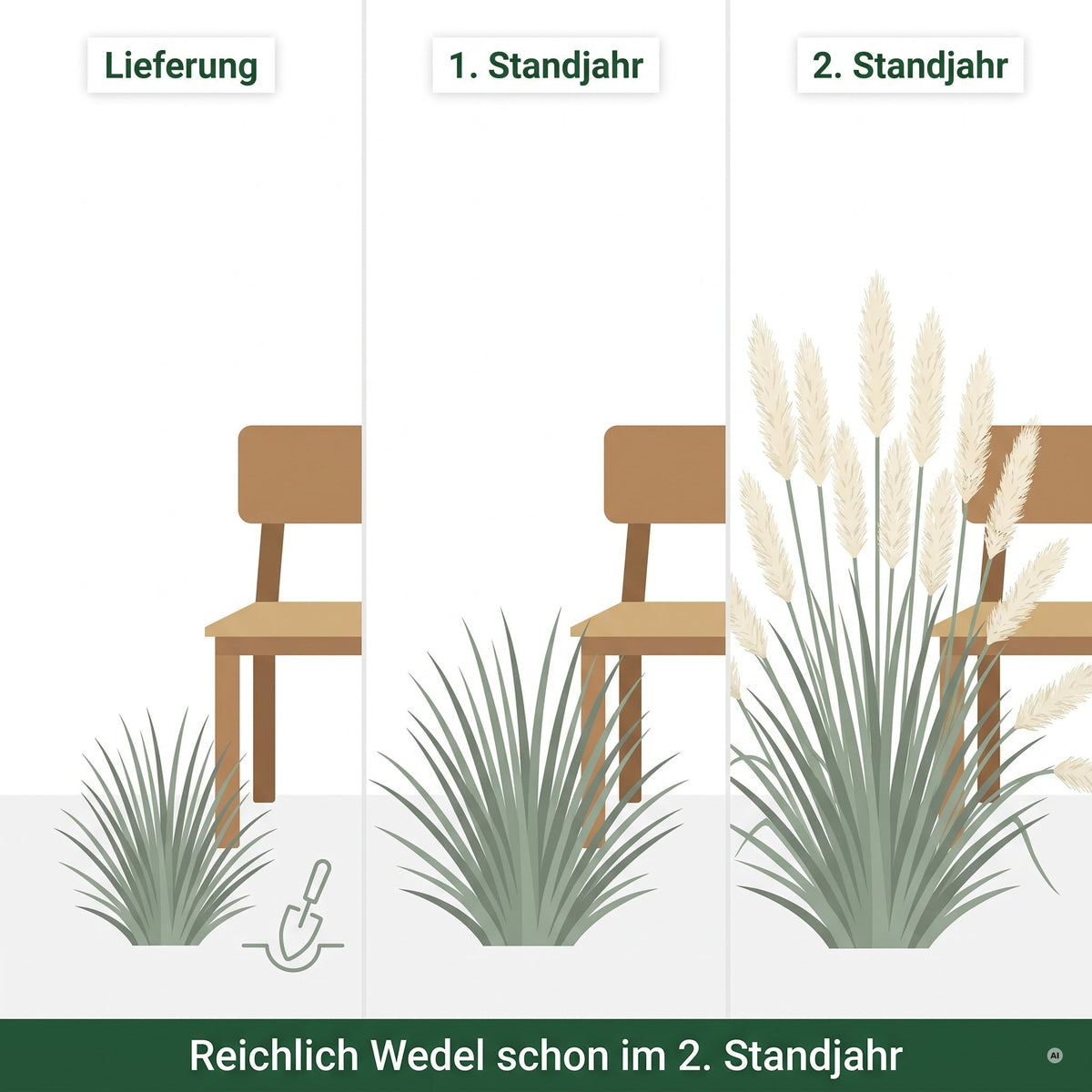 Cortaderia selloana 'Pumila': Lieferzustand, erstes und zweites Standjahr im Vergleich, reichlich Wedel ab dem 2. Standjahr