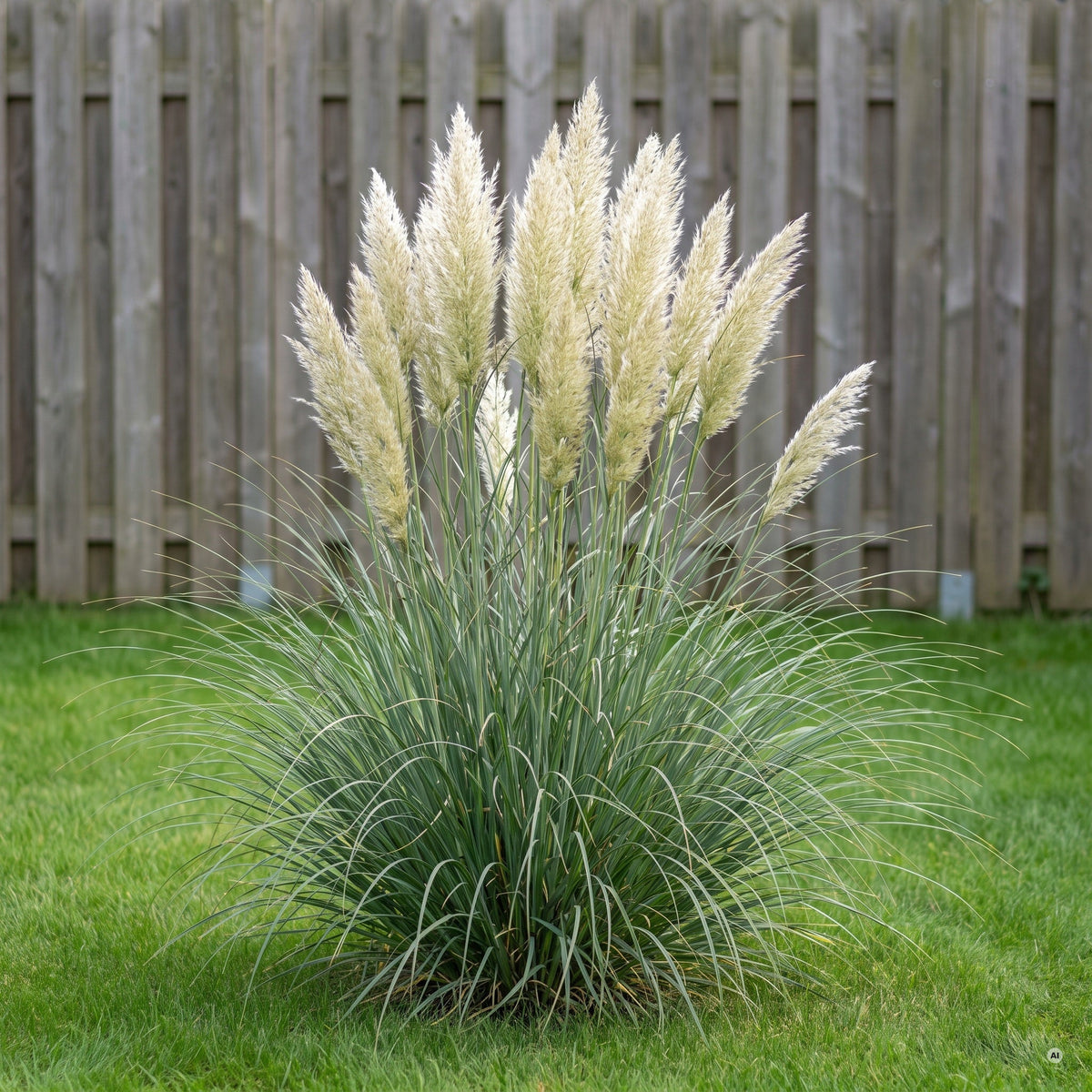 Cortaderia selloana 'Pumila' als Solitär im Rasen vor einem Holzzaun, cremeweiße Federwedel im Spätsommer