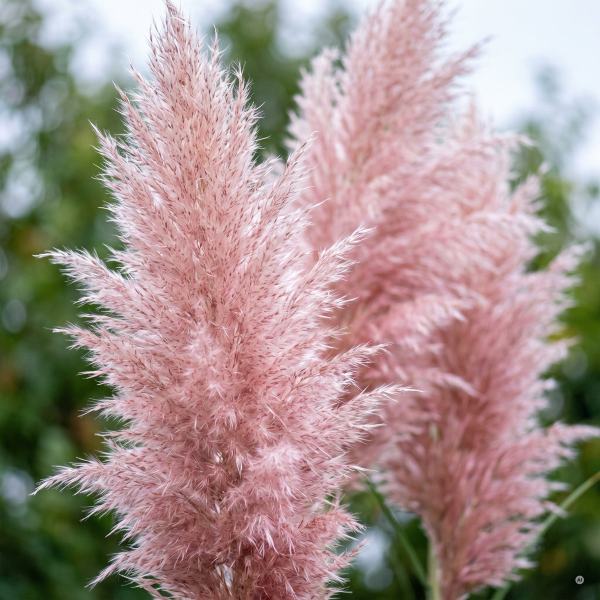 Makro einer zartrosa Blütenwedel von Cortaderia selloana 'Rosea' mit silbrig schimmernden Härchen.