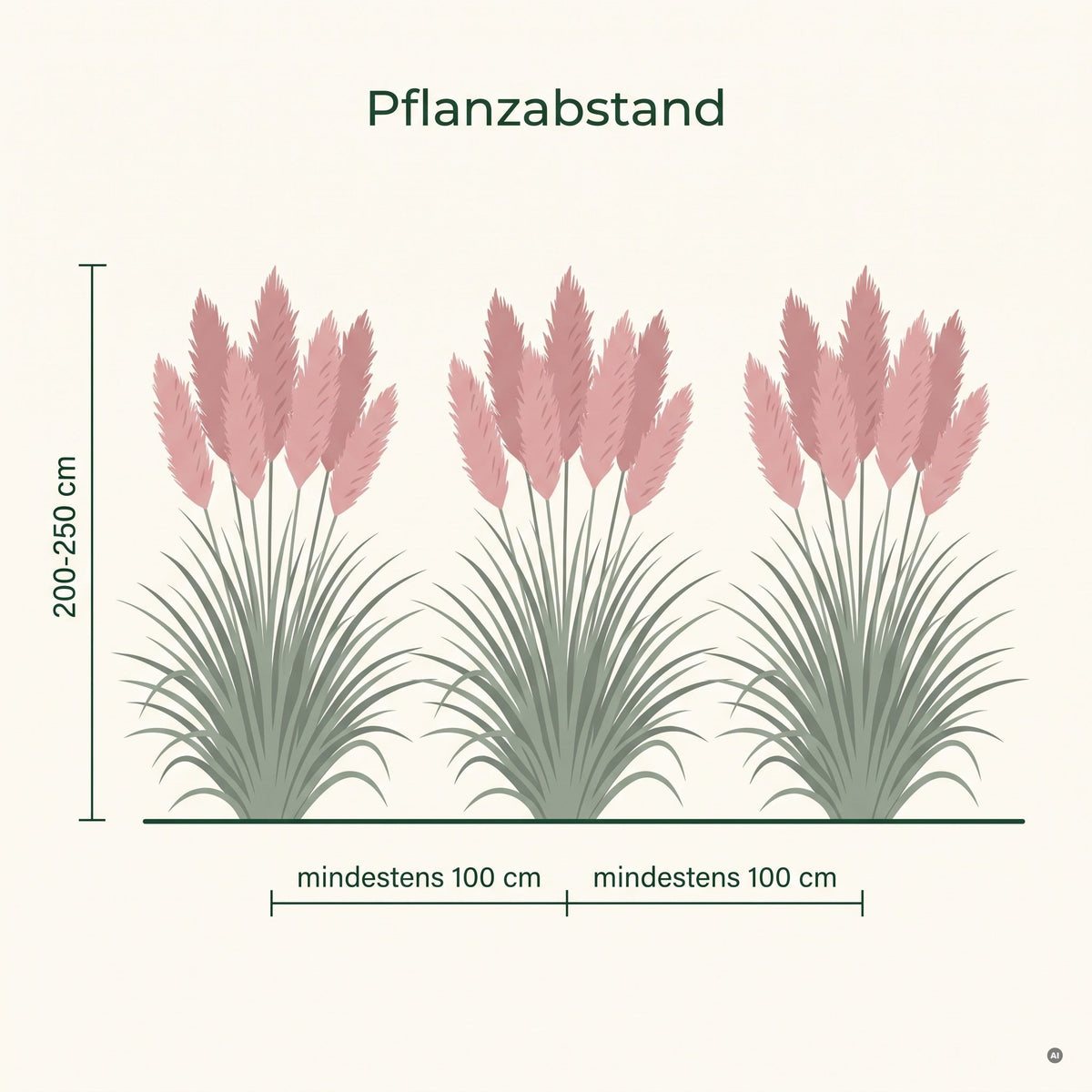 Pflanzempfehlung für Cortaderia selloana 'Rosea': mindestens 100 cm Pflanzabstand, Wuchshöhe 200 bis 250 cm.