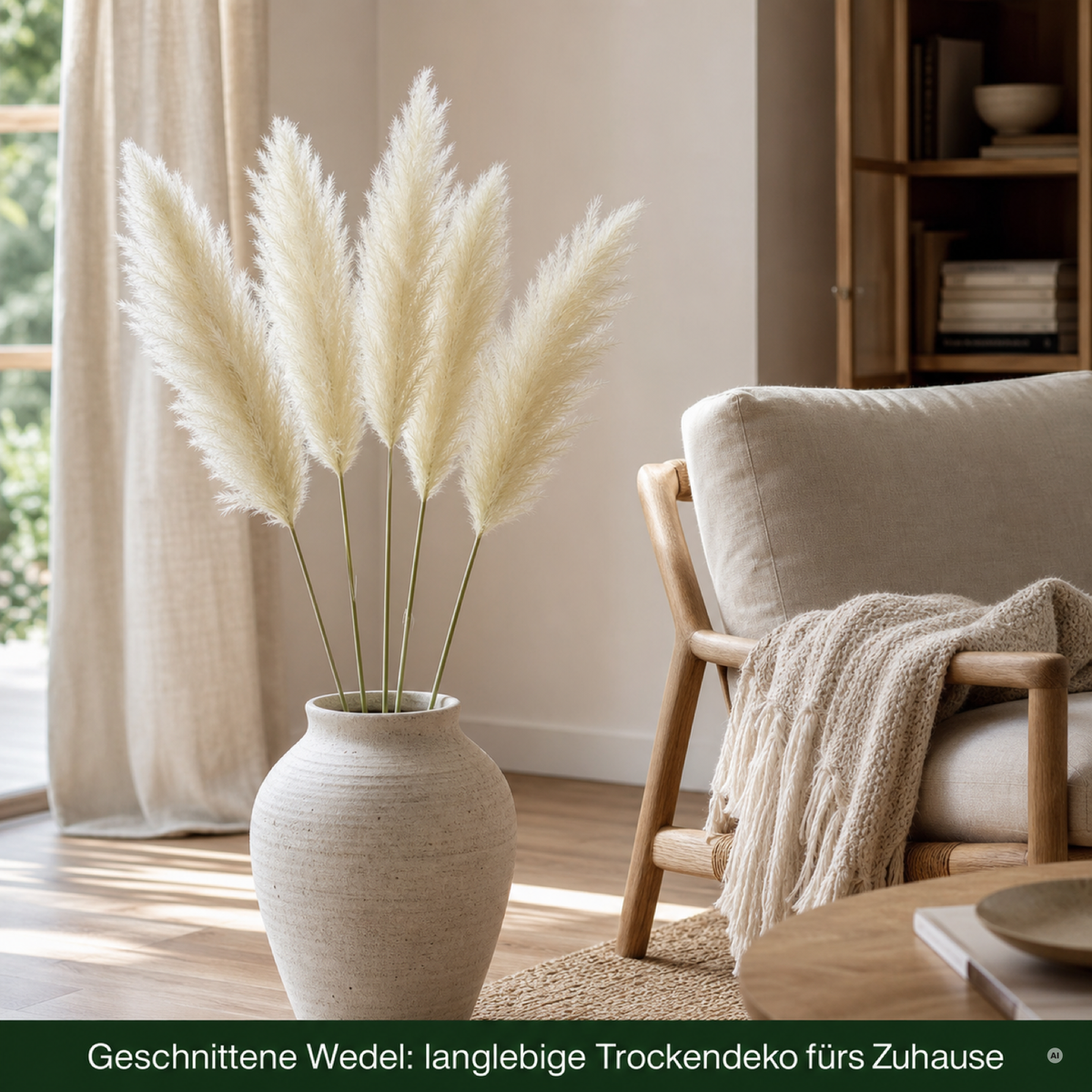 Geschnittene Wedel des weißen Pampasgrases als langlebige Trockendeko in einer Vase im Wohnzimmer.