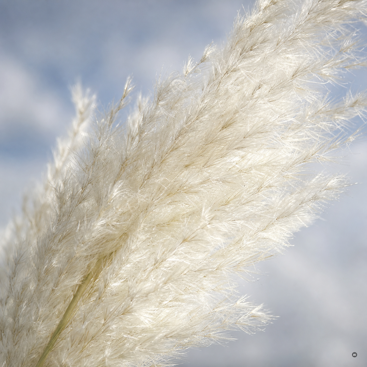 Makro einer schneeweißen Pampasgras-Wedel von Cortaderia selloana 'White' vor hellem Himmel.