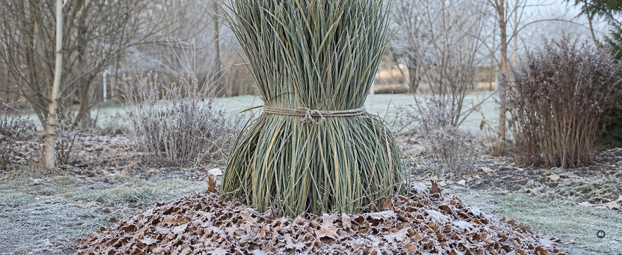 Winterschutz beim weißen Pampasgras 'White': Laub zusammengebunden, Fuß mit Laub gemulcht, Raureif im Garten.
