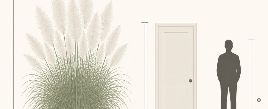 Größenvergleich Cortaderia selloana 'White': Wedel bis 250 cm neben einer Zimmertür mit 200 cm und einer Person.