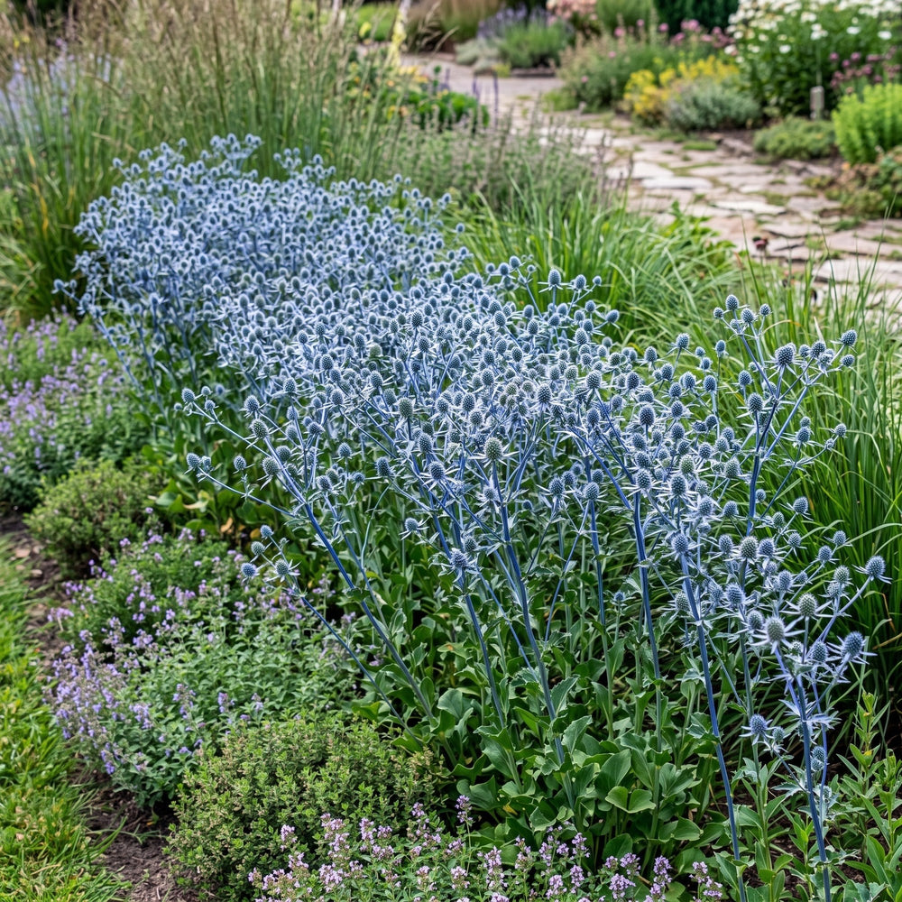 Eryngium planum zieht sich als stahlblaues Band durch ein Staudenbeet