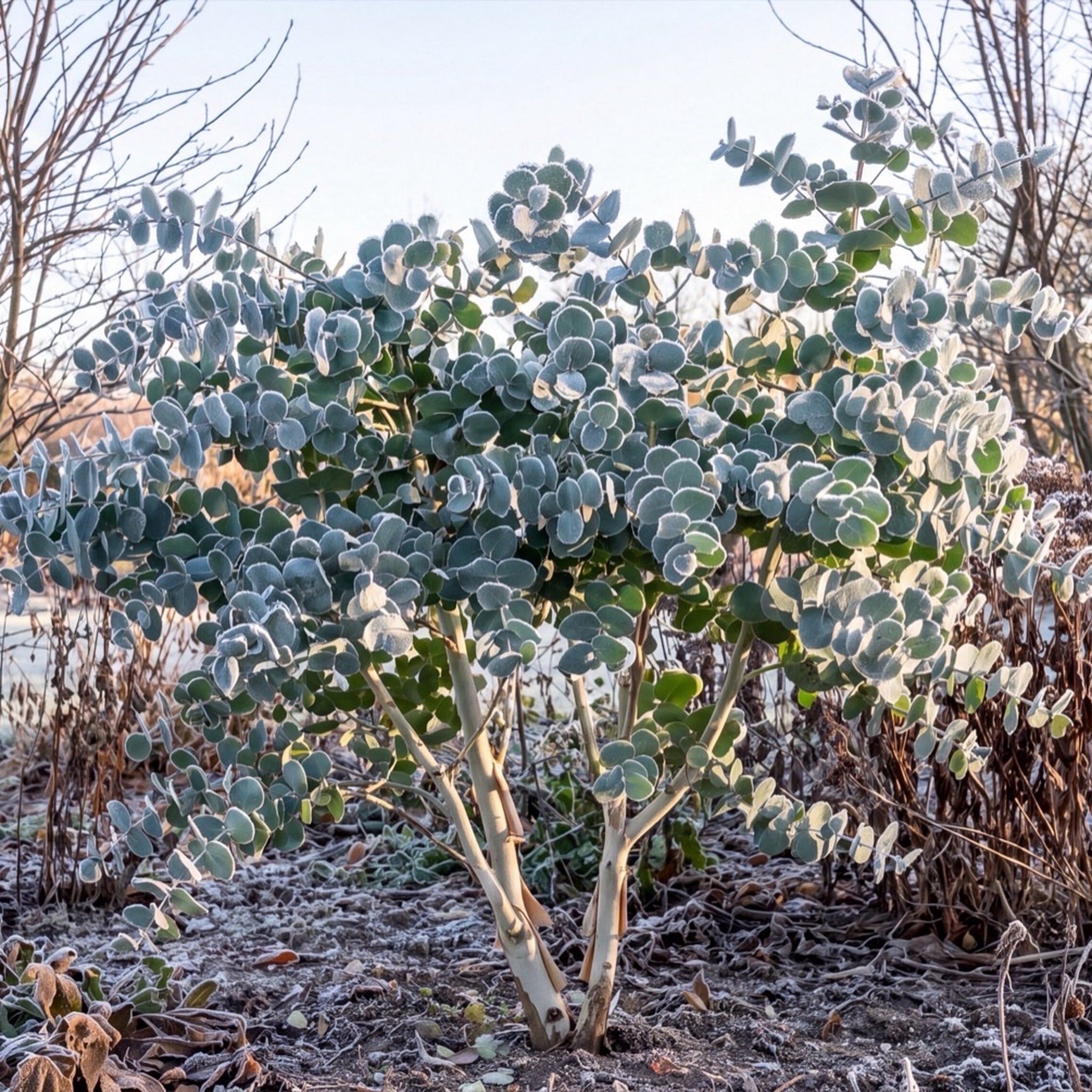 Eucalyptus gunnii mit Raureif im Winter, ringsum kahle Gehölze