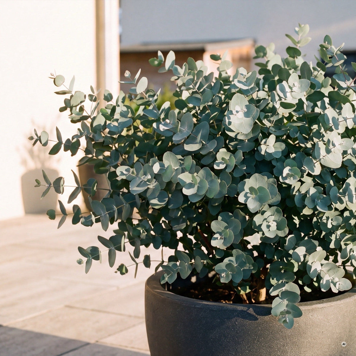 Eucalyptus gunnii im Kübel auf einer sonnigen Terrasse