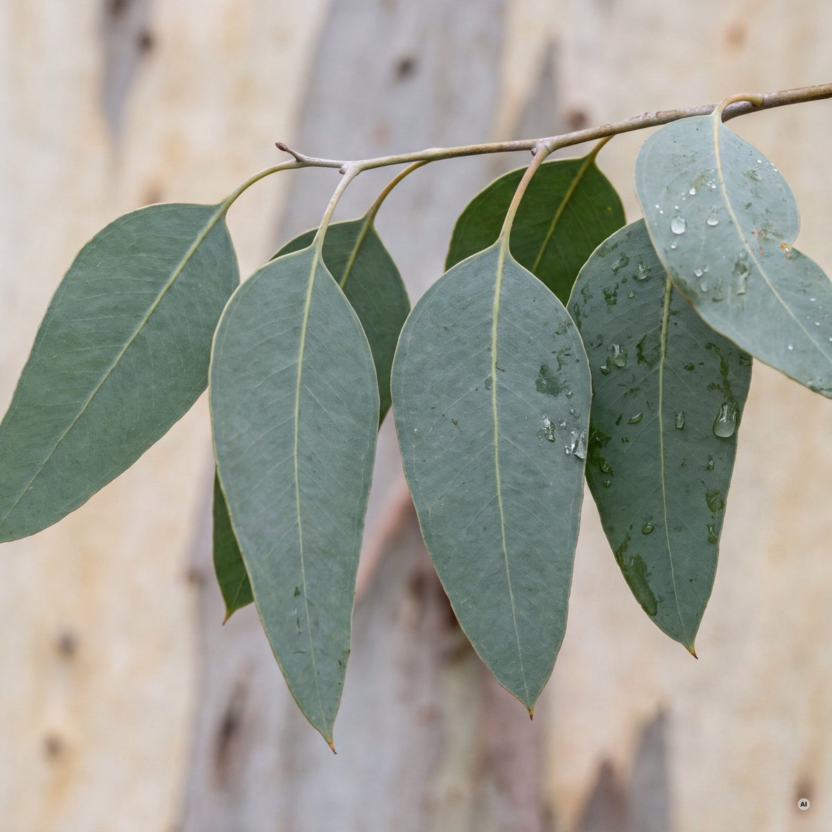 Altlaub von Eucalyptus gunnii, länglich lanzettliche Blätter am hellen Stamm
