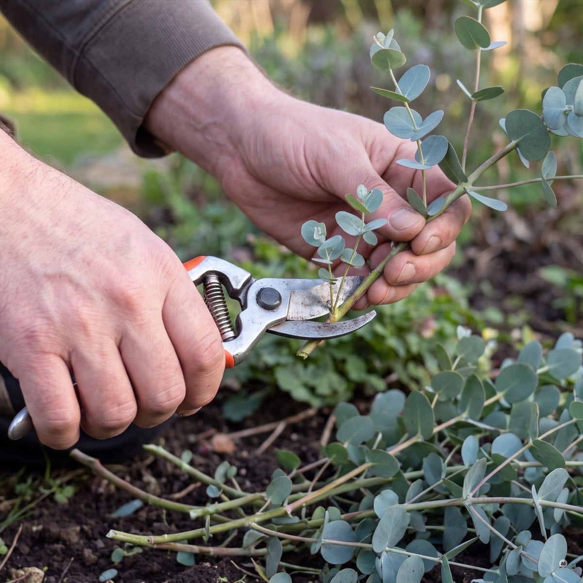 Rückschnitt von Eucalyptus gunnii im März mit der Gartenschere