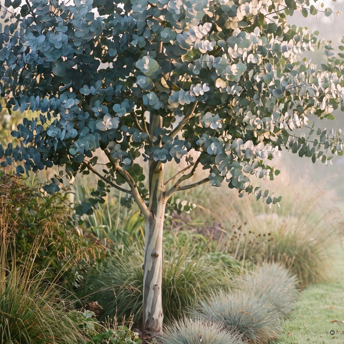 Ausgewachsener Eucalyptus gunnii im Garten am frühen Morgen, silbrig-blaues Laub im Gegenlicht