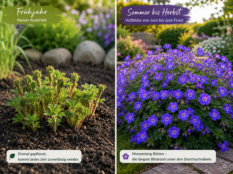 Geranium 'Rozanne' als mehrjährige Staude, die jedes Jahr neu austreibt