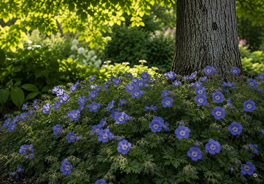 Geranium 'Rozanne' in Sonne und Halbschatten gepflanzt