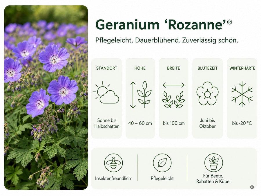 Schnellfakten zu Geranium 'Rozanne' – Standort, Höhe, Breite, Blütezeit und Winterhärte